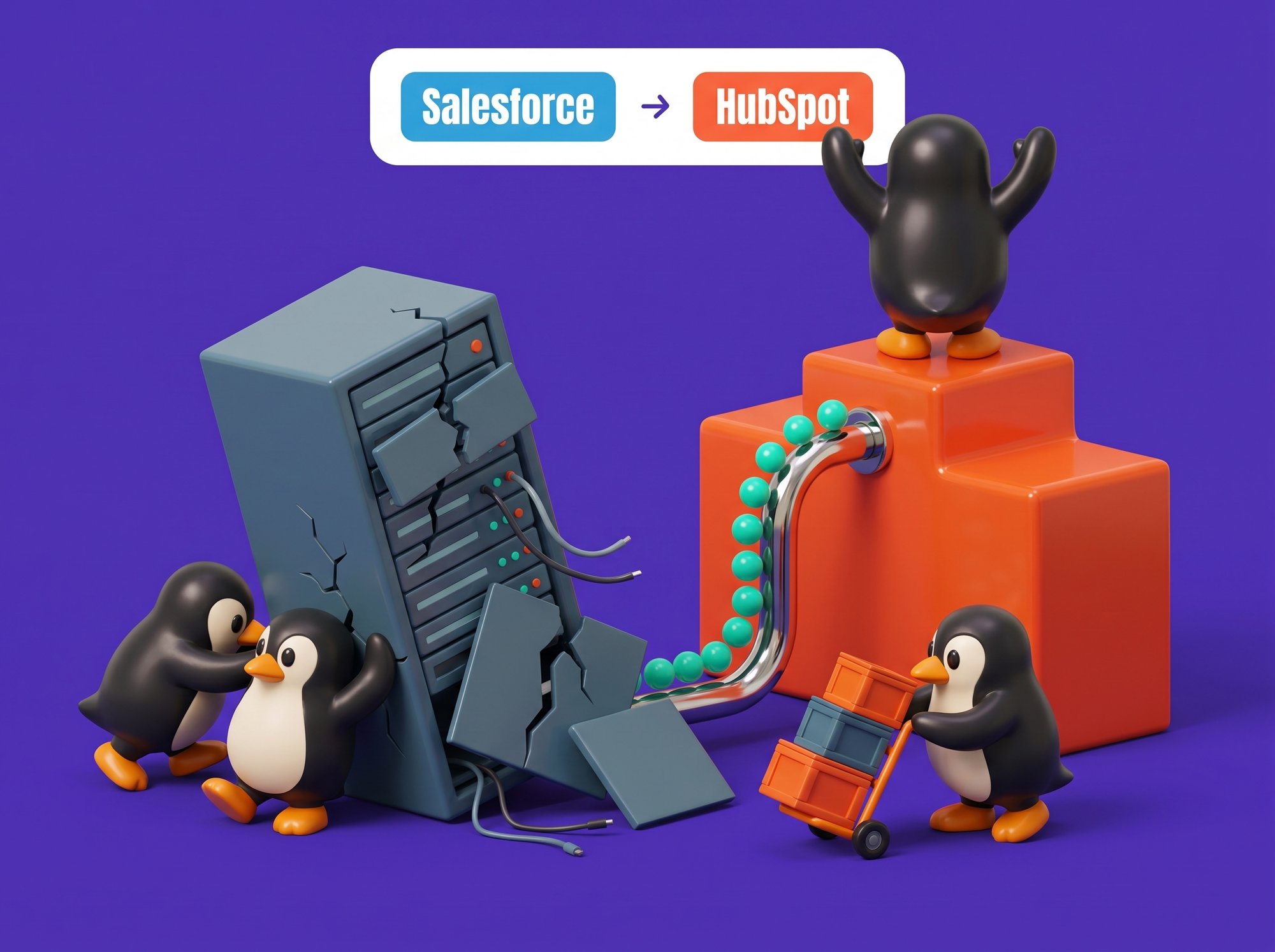 Penguins tearing down a cracked Salesforce server tower and hand-trucking crates up to a HubSpot podium, Salesforce to HubSpot