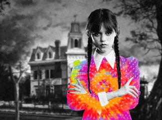 Wednesday Addams wearing a bright tie dye shit